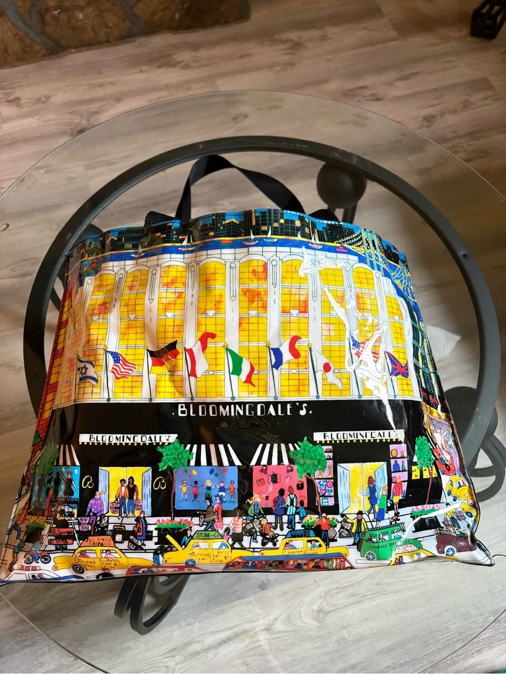 Vintage Bloomingdale's Multicolor Cityscape Tote with Black Handles